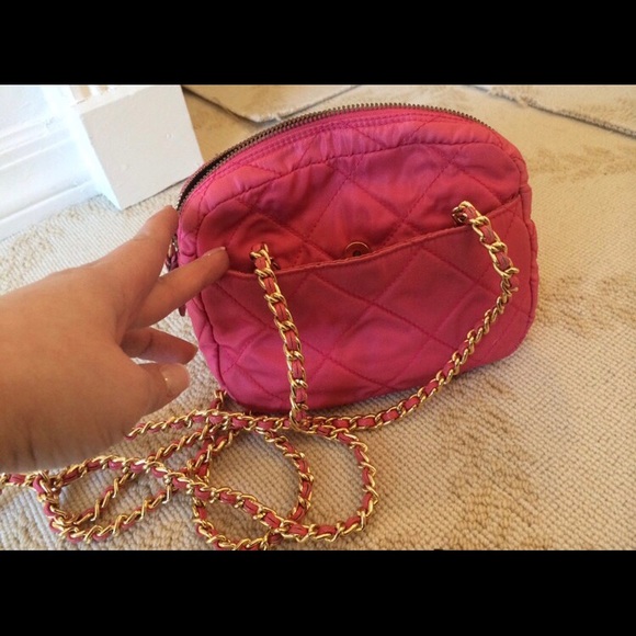 Prada Bag Pink Nylon - Barbie Color with Gold Long Double Chain Straps - Picture 8 of 17